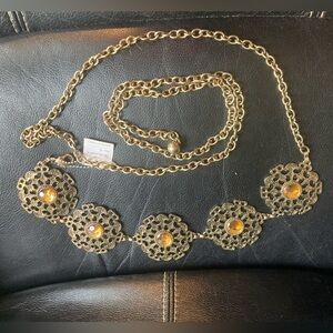 Gold-tone Chain Linked Belt with 5 Medallions with Yellow Stones